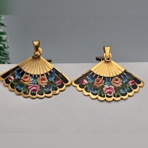 Vintage Hand-Painted Clip-On Gold Tone Earrings Crown Marked Made in Cuba